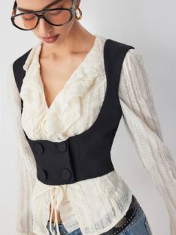 Cider - Double Breasted Women Scoop Neck Crop Vest Black