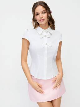 Cider - Cotton Blend Women's Pearl Bow Detail Short Sleeve Blouse White