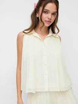 Cider - Chiffon Pleated Women’s Oversized Button-Front Blouse Beige