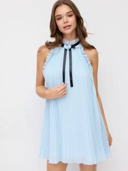 Cider - Chiffon Women's Pleated Stand Collar A-Line Mini Dress Blue