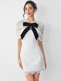 Cider - Cotton-Blend Women's Lace V-Neck Bow A-Line Mini Dress White