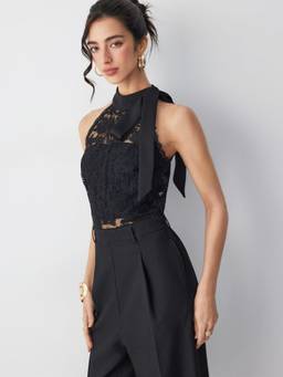 Cider - Cotton Blend Women Lace Panel Stand Collar Straight Leg Jumpsuit Black