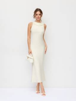 Cider - Satin Women's Backless Bow Boat Neck Mermaid Maxi Dress White