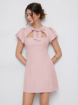 Cider - Cut Out Bowknot Women's Puff Sleeve A-Line Mini Dress Pink