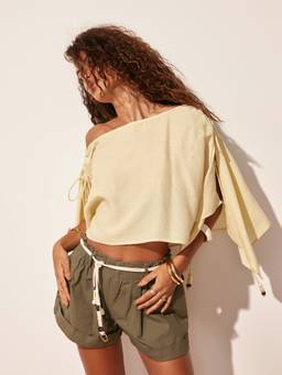 Cider - Linen Blend Women Asymmetrical Neck Drawstring Cape Blouse Yellow