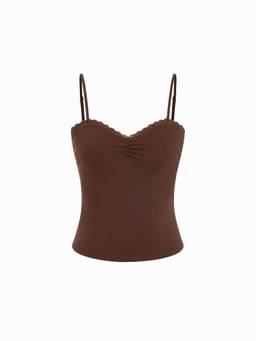 Cider - Sweetheart Lace Trim Women's Ruched Cami Top Brown