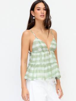 Cider - Stripe Women's Sweetheart Backless Ruffle Hem Cami Top Green