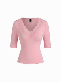 Cider - Cotton Blend Women Lace Trim V-Neck Top Pink