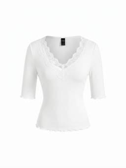 Cider - Cotton Blend Women Lace Trim V-Neck Half Sleeve Top White