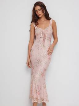 Cider - Lace Floral Women Sweetheart Twist Knot Mermaid Maxi Dress Pink