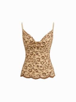 Cider - Lace Women's Cowl Neck Ruffled Backless Cami Top Beige
