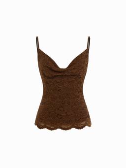 Cider - Lace Women's Slim Cowl Neck Backless Cami Crop Top Brown