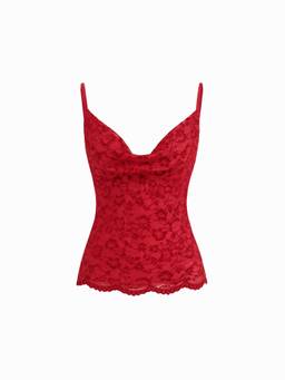 Cider - Lace Women's Backless Cowl Neck Chain Cami Crop Top Red