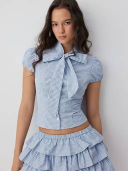 Cider - Gingham Women's Puff Sleeve Tie-Up Neck Crop Blouse Blue