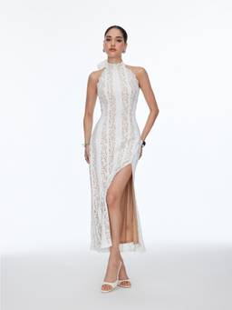 Cider - Lace Women's Halter Neck Backless Split Maxi Dress White