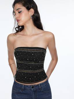 Cider - Mesh Rhinestone Women’s Slim Strapless Crop Top Black