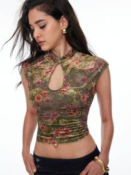 Cider - Velvet Floral Women's Stand Collar Cut-Out Crop Top Green