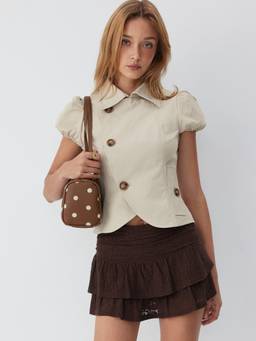 Cider - Notched Collar Women Puff Sleeve Asymmetrical Button Blouse Beige