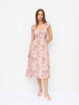 Cider - Eyelet Floral Women's Sweetheart Neck Shirred Midi Dress Pink