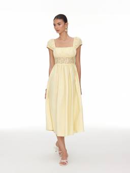 Cider - Linen Blend Women’s Square Neck Lace Panel Flared Midi Dress Yellow