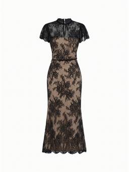 Cider - Lace Women's Mandarin Neck Mermaid Midi Dress Black