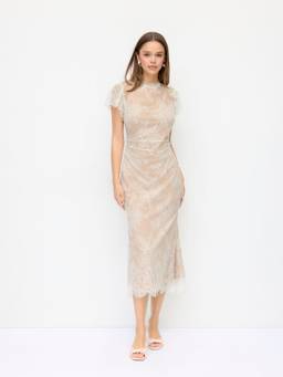Cider - Lace Mandarin Neck Women's Mermaid Midi Dress White