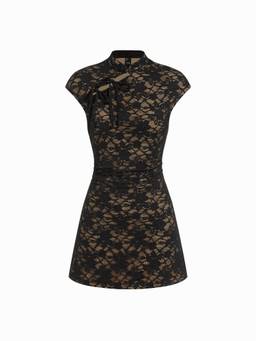 Cider - Lace Women's Cut-Out Bow High Neck A-Line Mini Dress Black