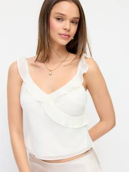 Cider - Women's Ruffled V-Neck Sleeveless Cami Blouse Beige