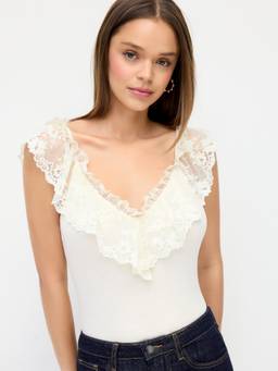 Cider - Lace Trim Women Ruffled V-Neck Bodysuit Beige