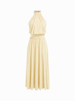 Cider - Women's Backless Halter Neck Split A-Line Maxi Dress Cream