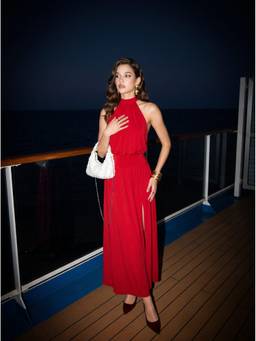 Cider - Backless Women's Halter Neck Split A-Line Maxi Dress Red