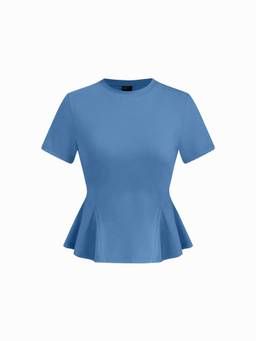 Cider - Cotton-Blend Women Ruffled Hem Short Sleeve Tee Blue