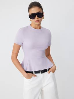Cider - Cotton-Blend Women Ruffled Hem Short Sleeve Top Purple