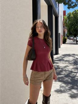 Cider - Cotton-Blend Women Ruffled Hem Short Sleeve Top Wine