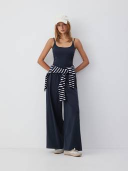 Cider - Cotton Blend Women's Scoop Neck Ruched Wide-Leg Jumpsuit Navy Blue