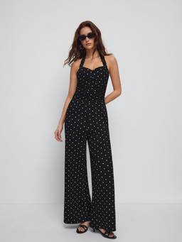 Cider - High Stretch Women's Ruched V-Neck Wide-Leg Jumpsuit Black