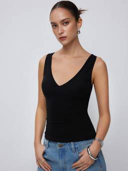 Cider - Cotton-Blend Women High Stretch V-Neck Tank Top Black