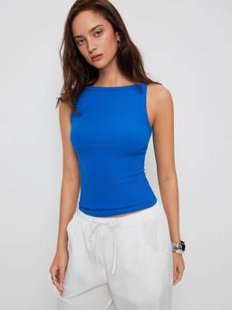 Cider - Cotton Blend Women High Stretch Boat Neck Ribbed Tank Top Blue