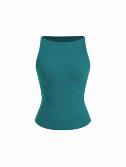 Cider - Cotton-Blend Women High Stretch Boat Neck Ribbed Tank Top Green