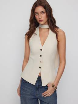 Cider - Metal Detail Women’s Halter Neck Blazer Vest Top Cream