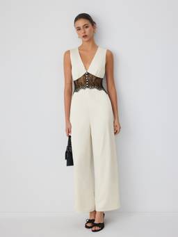Cider - Satin Women's V-Neck Lace Panel Wide-Leg Jumpsuit Beige
