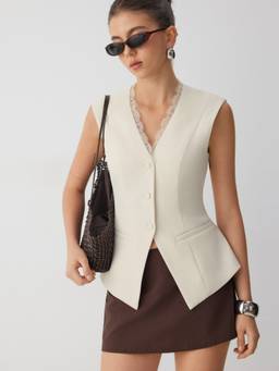 Cider - Lace Trim Women’s V-Neck Sleeveless Waistcoat Top Beige