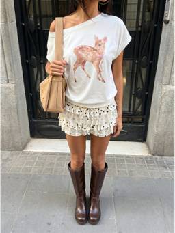 Cider - Deer & Bowknot Women's Graphic Asymmetrical Neck Tee White