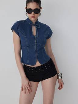 Cider - Stretch Denim Women Stand Collar Zip-Up Blouse Mid Blue