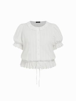 Cider - Cotton Blend Women's Puff Sleeve Lace Trim Blouse White