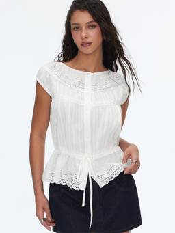 Cider - Broderie Anglaise Women's Ruffled Peplum Blouse White