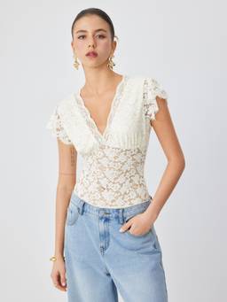 Cider - Floral Lace Women V-Neck Ruffled Sleeve Bodysuit Beige