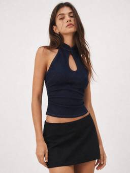 Cider - Stretch Denim Women Ruched Halter Neck Crop Top Navy Blue