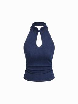 Cider - Stretch Denim Women Cut-Out Ruched Halter Tank Top Navy Blue