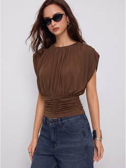 Cider - Draped Ruched Women’s Sleeveless Round Neck Top Brown